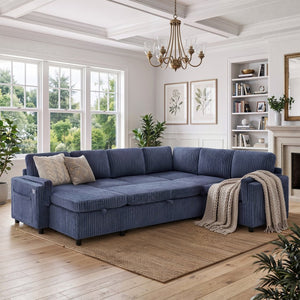 English Elm Convertible Sectional Sleeper Sofa U-shape Corduroy Storage Usb Ports Living Room Blue N719S002400C