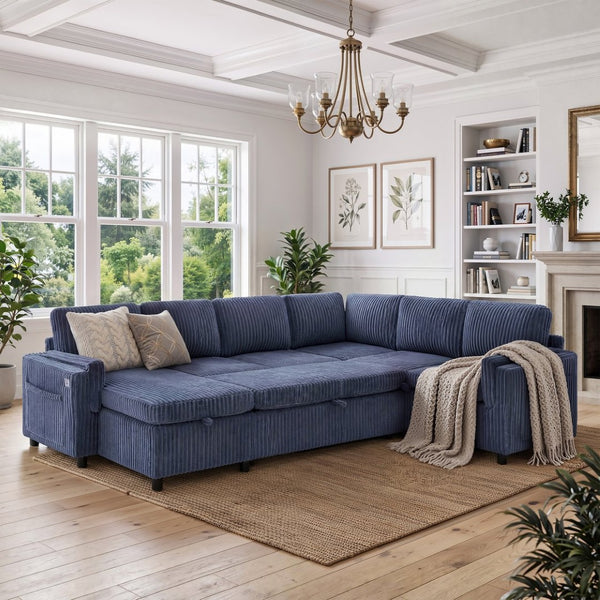English Elm Convertible Sectional Sleeper Sofa U-shape Corduroy Storage Usb Ports Living Room Blue N719S002400C