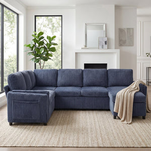 English Elm Convertible Sectional Sleeper Sofa U-shape Corduroy Storage Usb Ports Living Room Blue N719S002400C