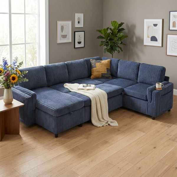 English Elm Convertible Sectional Sleeper Sofa U-shape Corduroy Storage Usb Ports Living Room Blue N719S002400C