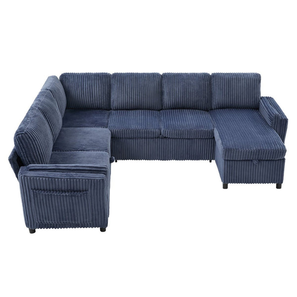 English Elm Convertible Sectional Sleeper Sofa U-shape Corduroy Storage Usb Ports Living Room Blue N719S002400C