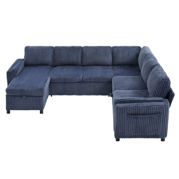 English Elm Convertible Sectional Sleeper Sofa U-shape Corduroy Storage Usb Ports Living Room Blue N719S002400C