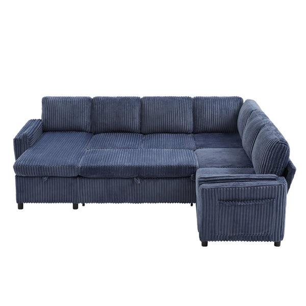English Elm Convertible Sectional Sleeper Sofa U-shape Corduroy Storage Usb Ports Living Room Blue N719S002400C