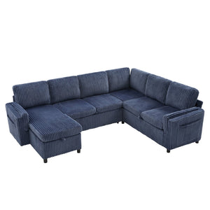 English Elm Convertible Sectional Sleeper Sofa U-shape Corduroy Storage Usb Ports Living Room Blue N719S002400C