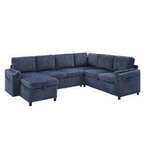 English Elm Convertible Sectional Sleeper Sofa U-shape Corduroy Storage Usb Ports Living Room Blue N719S002400C