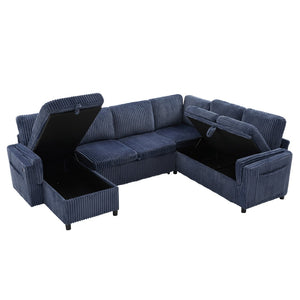 English Elm Convertible Sectional Sleeper Sofa U-shape Corduroy Storage Usb Ports Living Room Blue N719S002400C