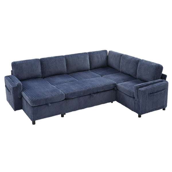 English Elm Convertible Sectional Sleeper Sofa U-shape Corduroy Storage Usb Ports Living Room Blue N719S002400C