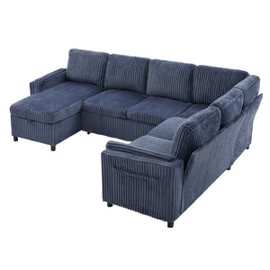 English Elm Convertible Sectional Sleeper Sofa U-shape Corduroy Storage Usb Ports Living Room Blue N719S002400C