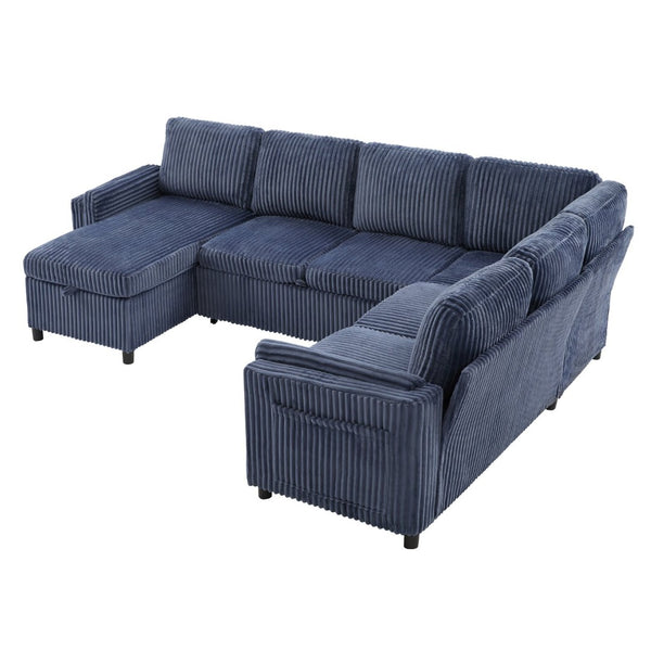 English Elm Convertible Sectional Sleeper Sofa U-shape Corduroy Storage Usb Ports Living Room Blue N719S002400C
