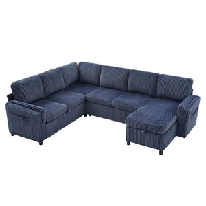 English Elm Convertible Sectional Sleeper Sofa U-shape Corduroy Storage Usb Ports Living Room Blue N719S002400C