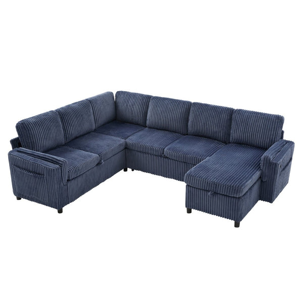 English Elm Convertible Sectional Sleeper Sofa U-shape Corduroy Storage Usb Ports Living Room Blue N719S002400C