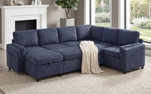 English Elm Convertible Sectional Sleeper Sofa U-shape Corduroy Storage Usb Ports Living Room Blue N719S002400C