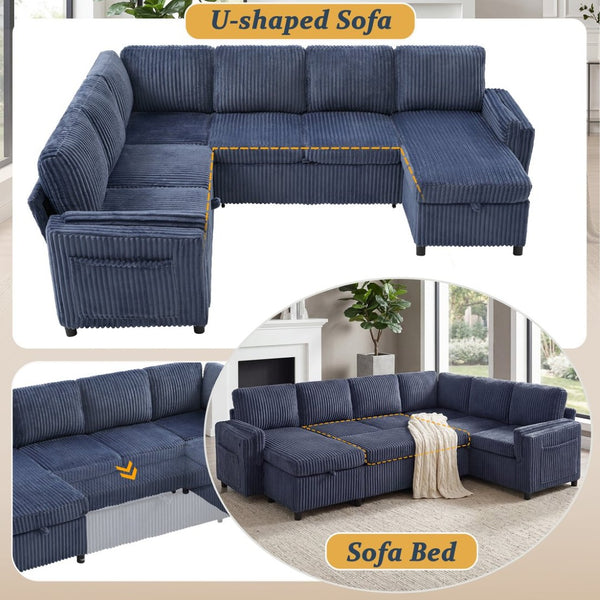 English Elm Convertible Sectional Sleeper Sofa U-shape Corduroy Storage Usb Ports Living Room Blue N719S002400C