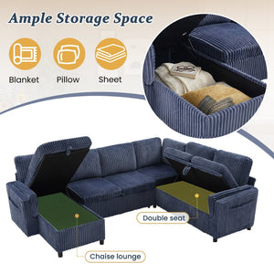 English Elm Convertible Sectional Sleeper Sofa U-shape Corduroy Storage Usb Ports Living Room Blue N719S002400C