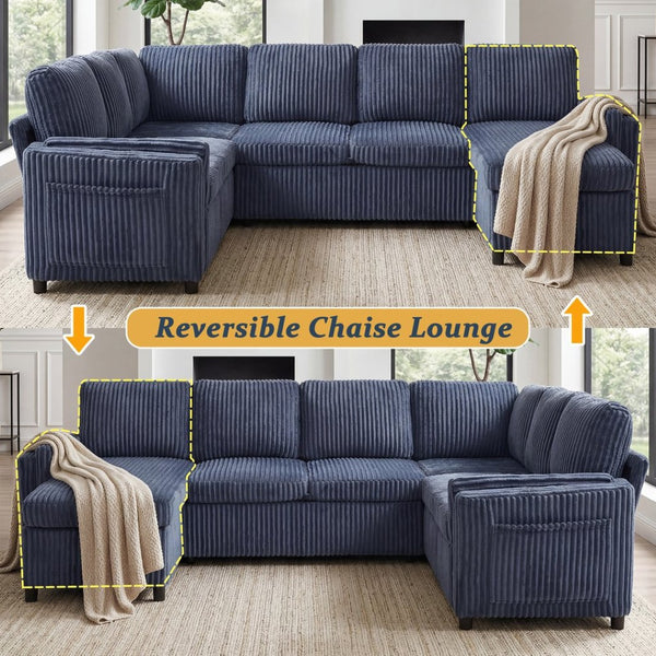 English Elm Convertible Sectional Sleeper Sofa U-shape Corduroy Storage Usb Ports Living Room Blue N719S002400C