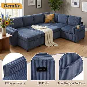 English Elm Convertible Sectional Sleeper Sofa U-shape Corduroy Storage Usb Ports Living Room Blue N719S002400C