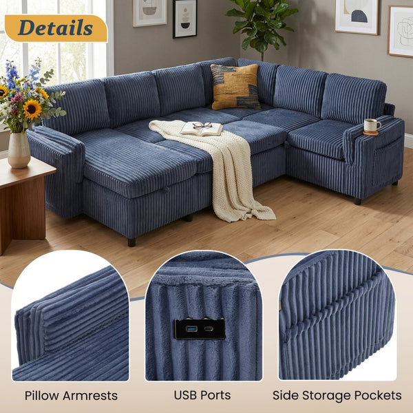 English Elm Convertible Sectional Sleeper Sofa U-shape Corduroy Storage Usb Ports Living Room Blue N719S002400C