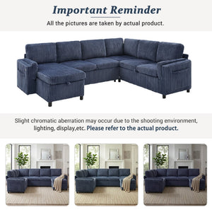 English Elm Convertible Sectional Sleeper Sofa U-shape Corduroy Storage Usb Ports Living Room Blue N719S002400C