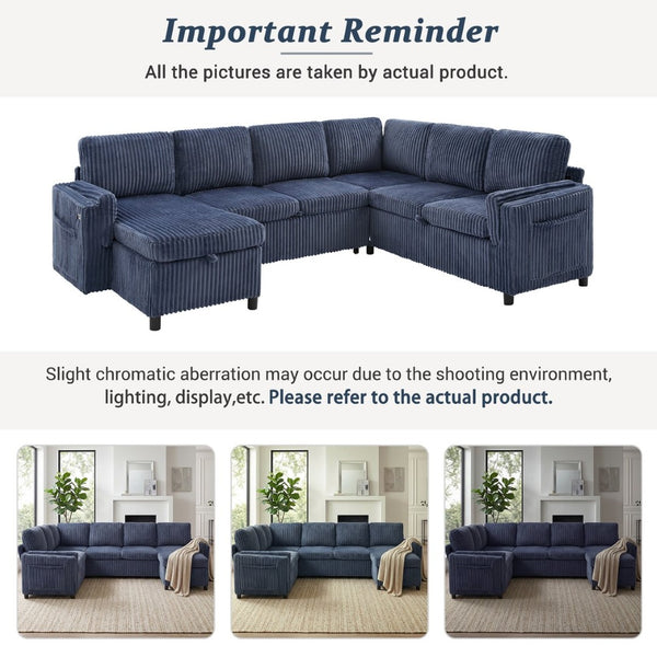 English Elm Convertible Sectional Sleeper Sofa U-shape Corduroy Storage Usb Ports Living Room Blue N719S002400C