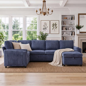 English Elm Convertible Sectional Sleeper Sofa U-shape Corduroy Storage Usb Ports Living Room Blue N719S002400C