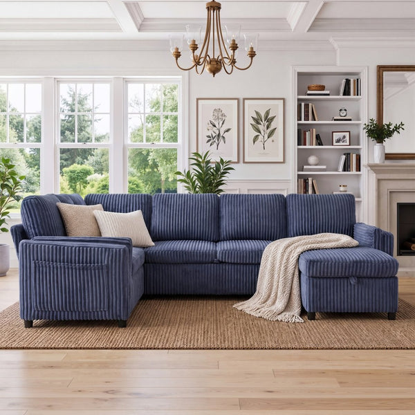 English Elm Convertible Sectional Sleeper Sofa U-shape Corduroy Storage Usb Ports Living Room Blue N719S002400C