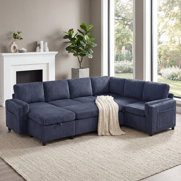 English Elm Convertible Sectional Sleeper Sofa U-shape Corduroy Storage Usb Ports Living Room Blue N719S002400C