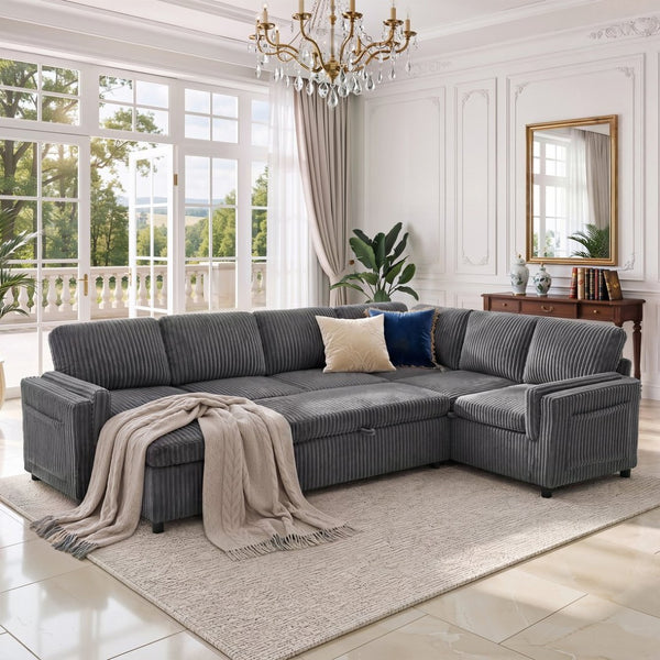 English Elm Convertible Sectional Sleeper Sofa U-shape Corduroy Storage Usb Ports Living Room Grey N719S002400E