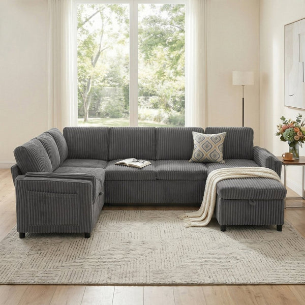 English Elm Convertible Sectional Sleeper Sofa U-shape Corduroy Storage Usb Ports Living Room Grey N719S002400E
