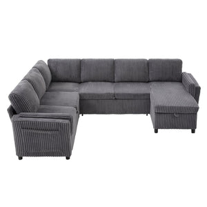 English Elm Convertible Sectional Sleeper Sofa U-shape Corduroy Storage Usb Ports Living Room Grey N719S002400E