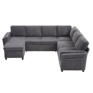 English Elm Convertible Sectional Sleeper Sofa U-shape Corduroy Storage Usb Ports Living Room Grey N719S002400E