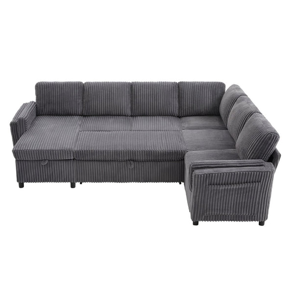 English Elm Convertible Sectional Sleeper Sofa U-shape Corduroy Storage Usb Ports Living Room Grey N719S002400E
