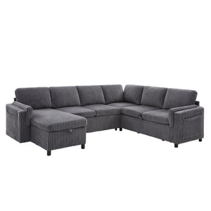English Elm Convertible Sectional Sleeper Sofa U-shape Corduroy Storage Usb Ports Living Room Grey N719S002400E