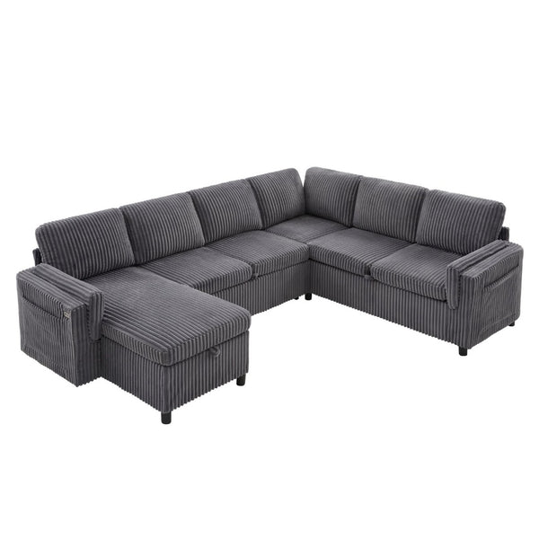 English Elm Convertible Sectional Sleeper Sofa U-shape Corduroy Storage Usb Ports Living Room Grey N719S002400E