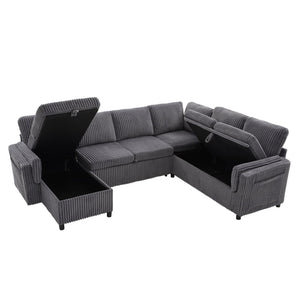 English Elm Convertible Sectional Sleeper Sofa U-shape Corduroy Storage Usb Ports Living Room Grey N719S002400E