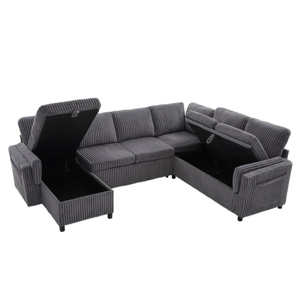 English Elm Convertible Sectional Sleeper Sofa U-shape Corduroy Storage Usb Ports Living Room Grey N719S002400E