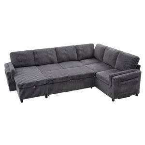 English Elm Convertible Sectional Sleeper Sofa U-shape Corduroy Storage Usb Ports Living Room Grey N719S002400E