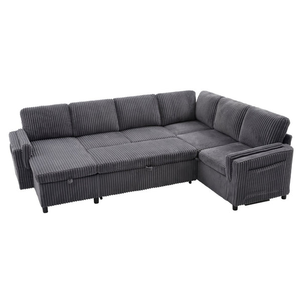 English Elm Convertible Sectional Sleeper Sofa U-shape Corduroy Storage Usb Ports Living Room Grey N719S002400E