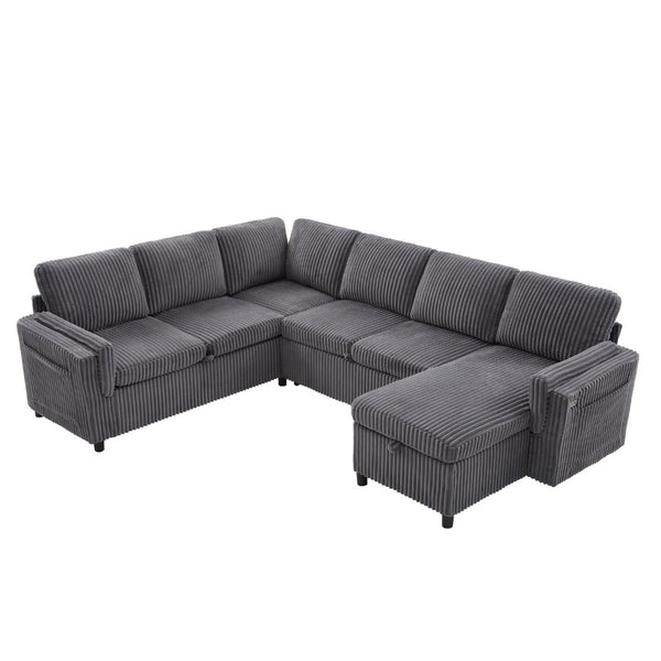 English Elm Convertible Sectional Sleeper Sofa U-shape Corduroy Storage Usb Ports Living Room Grey N719S002400E