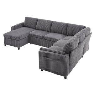English Elm Convertible Sectional Sleeper Sofa U-shape Corduroy Storage Usb Ports Living Room Grey N719S002400E