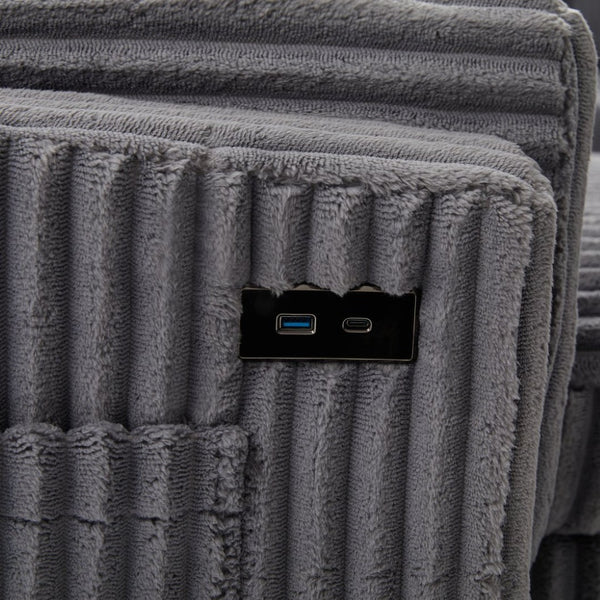 English Elm Convertible Sectional Sleeper Sofa U-shape Corduroy Storage Usb Ports Living Room Grey N719S002400E