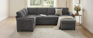 English Elm Convertible Sectional Sleeper Sofa U-shape Corduroy Storage Usb Ports Living Room Grey N719S002400E