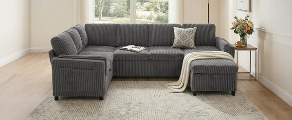 English Elm Convertible Sectional Sleeper Sofa U-shape Corduroy Storage Usb Ports Living Room Grey N719S002400E