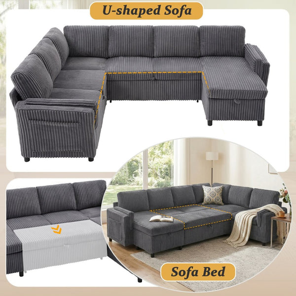 English Elm Convertible Sectional Sleeper Sofa U-shape Corduroy Storage Usb Ports Living Room Grey N719S002400E