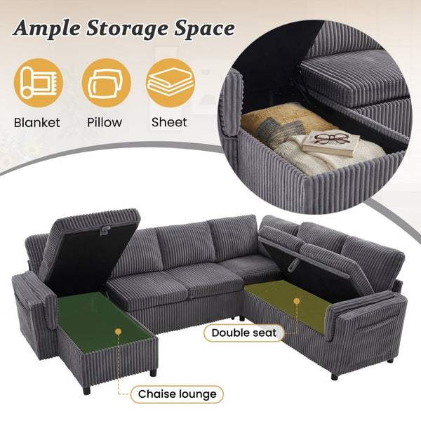 English Elm Convertible Sectional Sleeper Sofa U-shape Corduroy Storage Usb Ports Living Room Grey N719S002400E