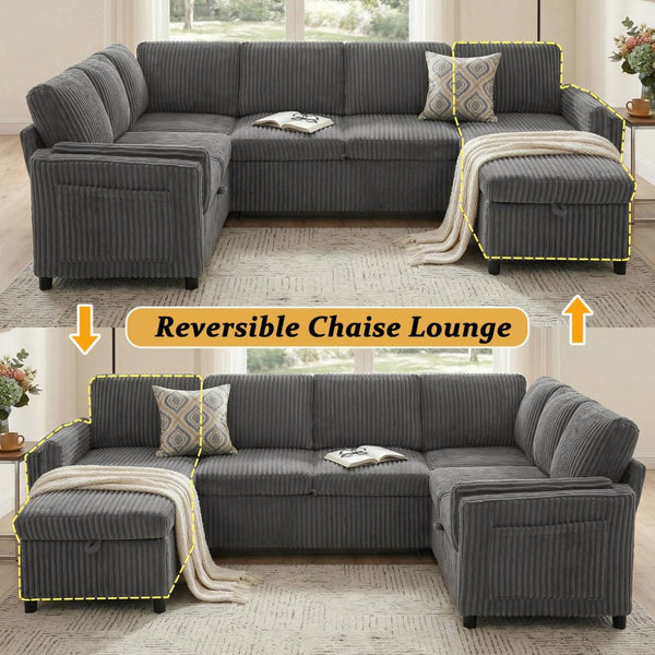 English Elm Convertible Sectional Sleeper Sofa U-shape Corduroy Storage Usb Ports Living Room Grey N719S002400E