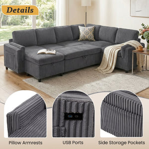 English Elm Convertible Sectional Sleeper Sofa U-shape Corduroy Storage Usb Ports Living Room Grey N719S002400E