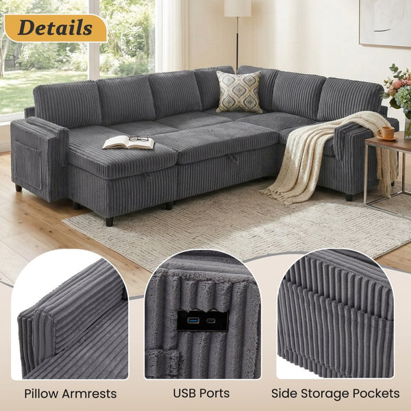 English Elm Convertible Sectional Sleeper Sofa U-shape Corduroy Storage Usb Ports Living Room Grey N719S002400E