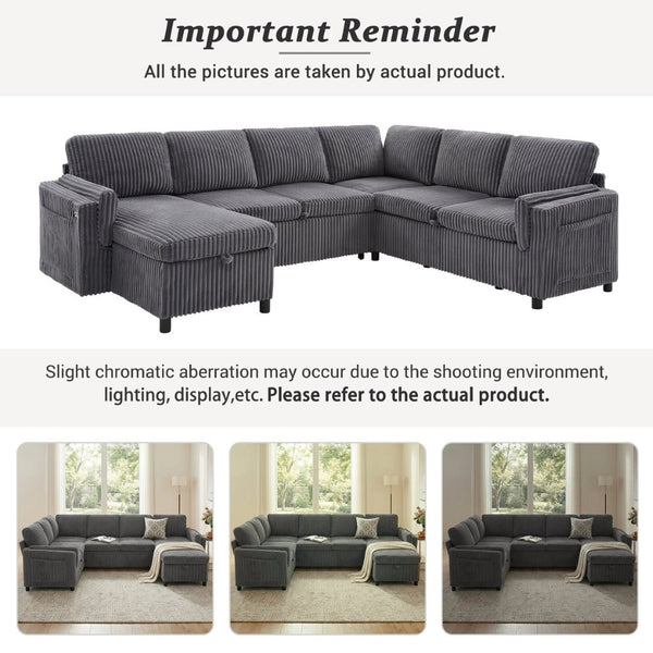 English Elm Convertible Sectional Sleeper Sofa U-shape Corduroy Storage Usb Ports Living Room Grey N719S002400E