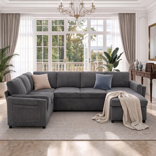 English Elm Convertible Sectional Sleeper Sofa U-shape Corduroy Storage Usb Ports Living Room Grey N719S002400E