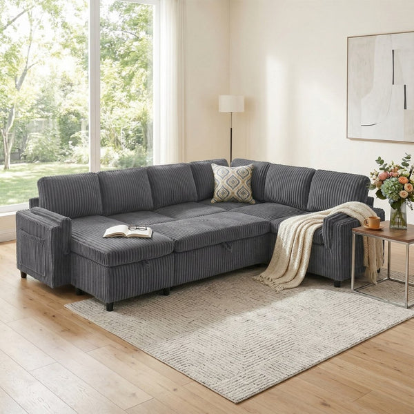 English Elm Convertible Sectional Sleeper Sofa U-shape Corduroy Storage Usb Ports Living Room Grey N719S002400E